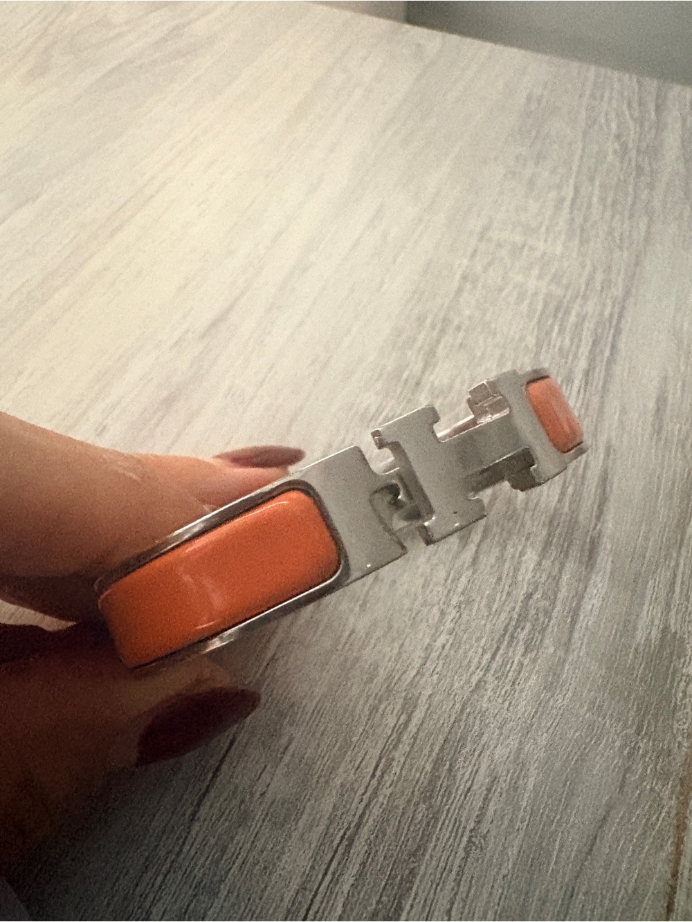 Hermes Silver Tone H Clic Clac Bracelet with Orange Enamel - Picture 3 of 4